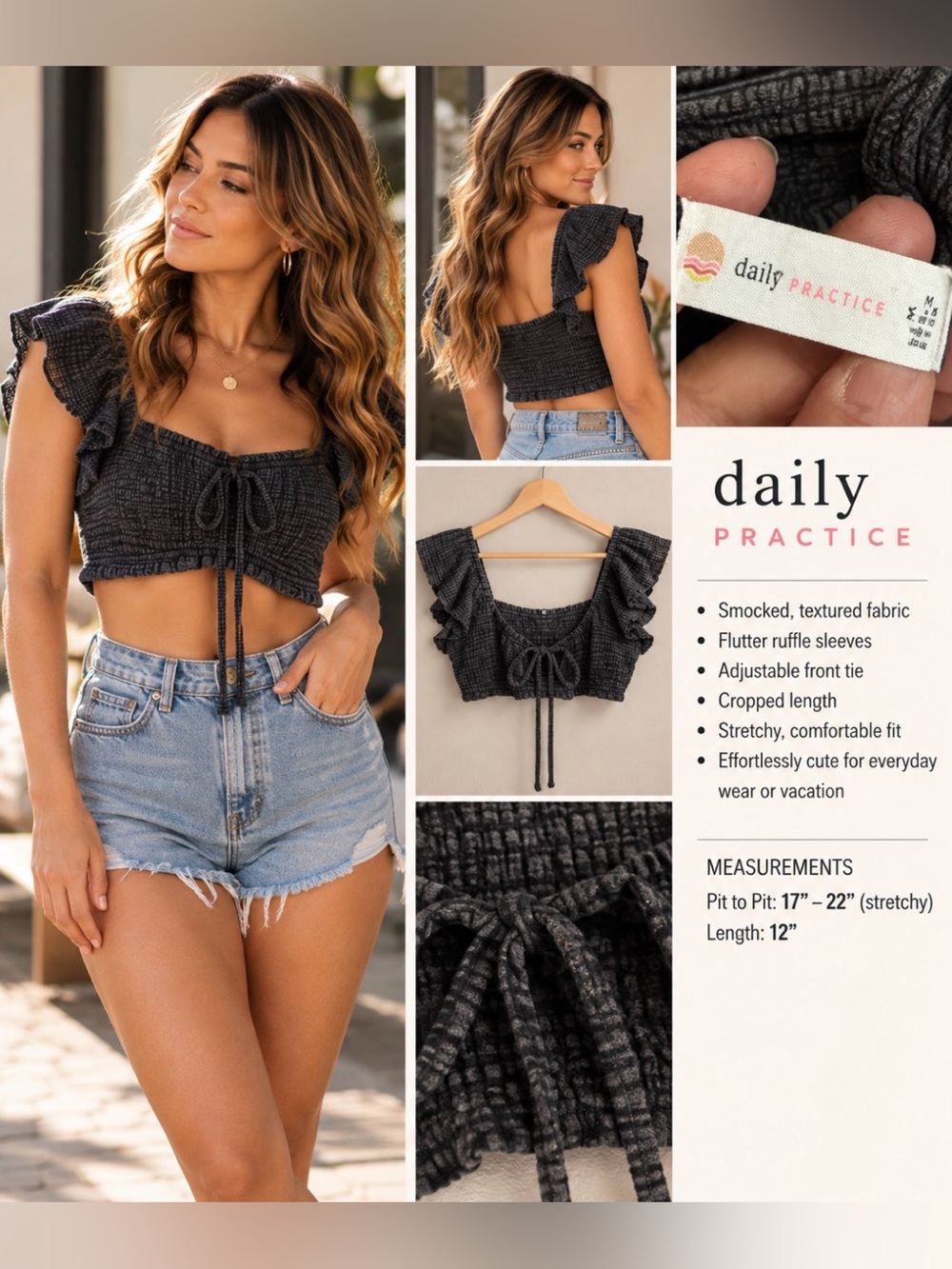 Daily Practice Smocked Flutter-Sleeve Crop Top in Charcoal